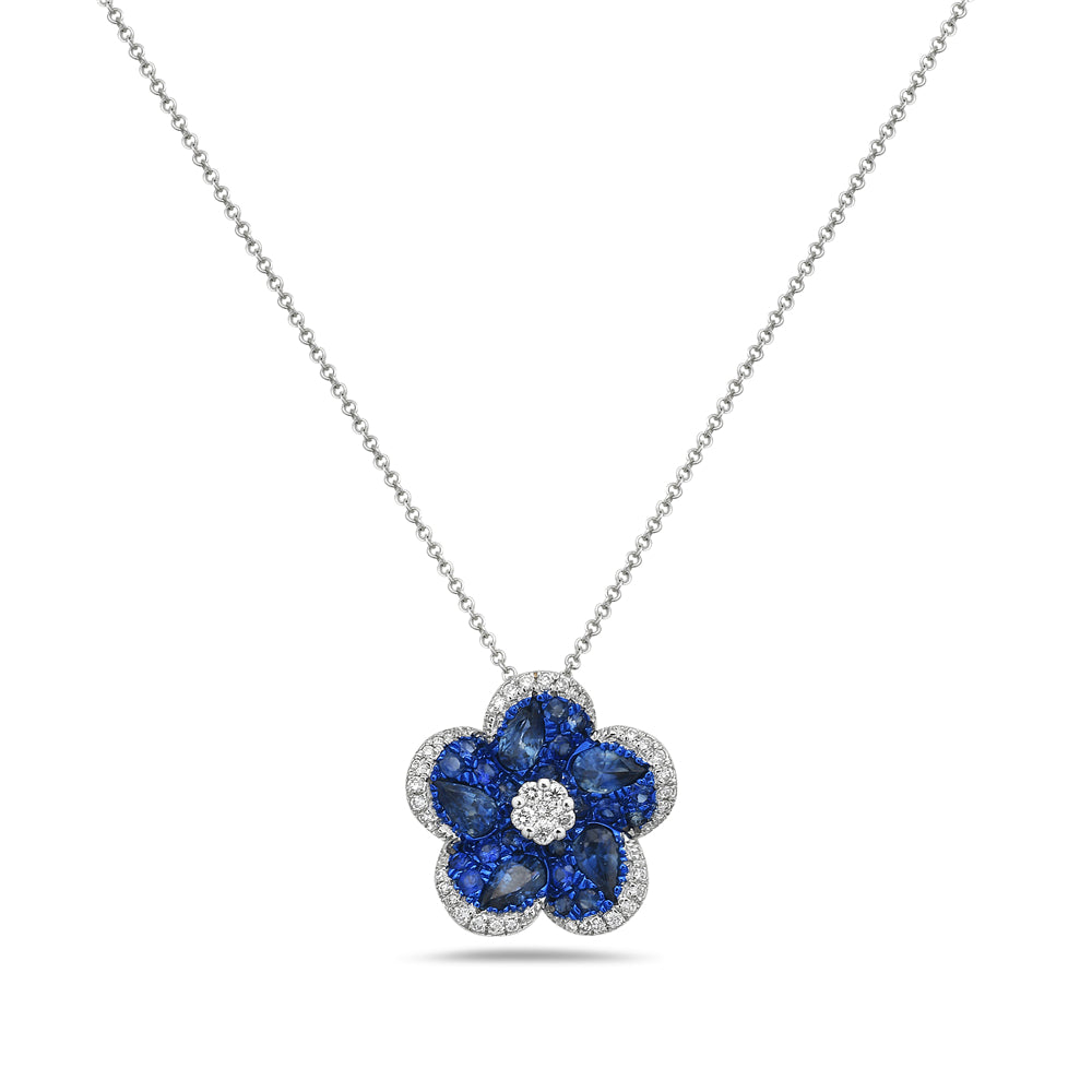 14K FLOWER PENDANT WITH 25 BLUE SAPPHIRES 1.84CT AND 41 DIAMONDS 0.23CT ON 18 INCHES CABLE CHAIN
