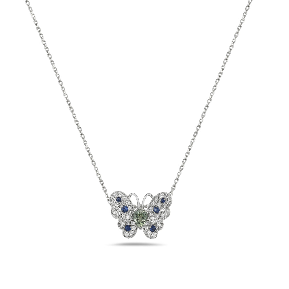 14K BUTTERFLY PENDANT WITH 7 BLUE SAPPHIRES 0.30CT & 40 DIAMONDS 0.15CT, 13X11 ON 18 INCHES CABLE CHAIN