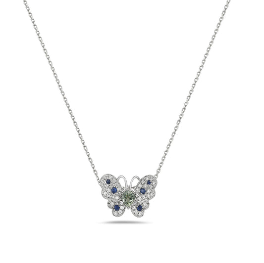 14K BUTTERFLY PENDANT WITH 7 BLUE SAPPHIRES 0.30CT & 40 DIAMONDS 0.15CT, 13X11 ON 18 INCHES CABLE CHAIN