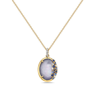 14K OVAL TRIPLET PENDANT. FLAT LAPIS, MOTHER OF PEARL IN THE MIDDLE AND FACETED LIGHT AMETHYST. WITH ACCENTS OF DIAMONDS AND SAPPHIRES ON 18 INCHES CABLE CHAIN