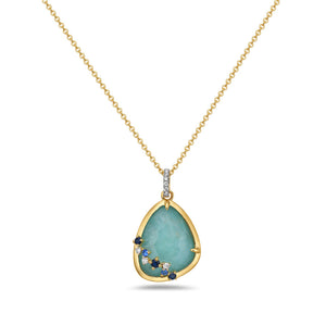 14K DOUBLET PENDANT SET IN AMAZONITE AND CLEAR QUARTZ WITH DIAMONDS & BLUE SAPPHIRES ON 18 INCHES CABLE CHAIN