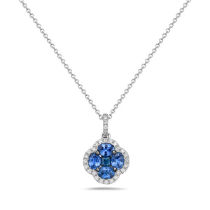 14K FLOWER PENDANT WITH 5 SAPPHIRES 1CT & 31 DIAMONDS 0.16CT ON 18 INCHES CABLE CHAIN