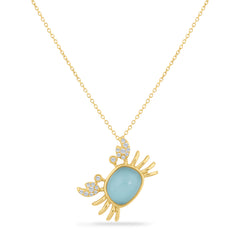 14K DOUBLET CRAB PENDANT IN WHITE TOPAZ & RECON TURQUOISE WITH 18 DIAMONDS 0.15CT SUSPENDED ON 18 INCHES CABLE CHAIN