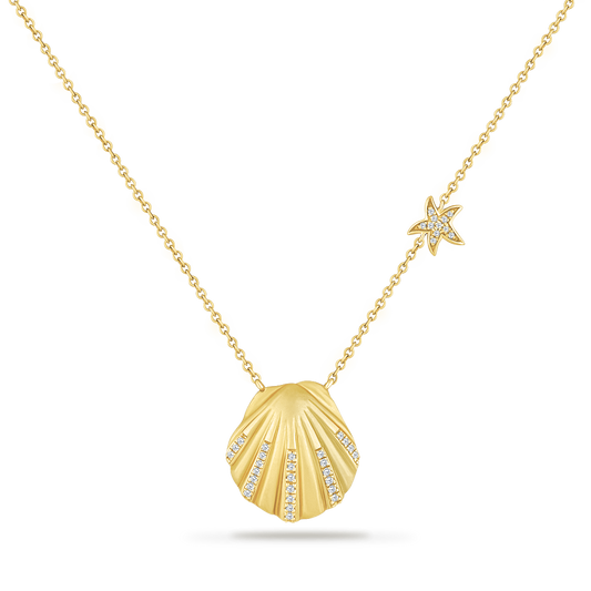 14KY SEA SHELL 38 DIAMONDS 0.25CT ON 18 INCH CHAIN