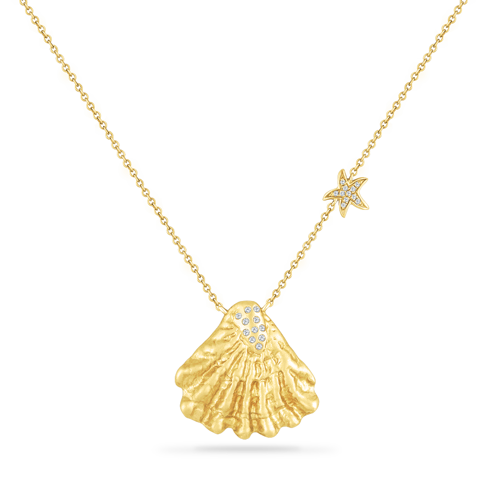 14K SHELL NECKLACE 22 DIAMONDS 0.12C 18"CABLE CHAIN