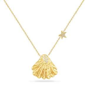 14K SHELL NECKLACE 22 DIAMONDS 0.12C 18"CABLE CHAIN