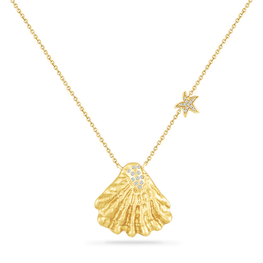 14K SHELL NECKLACE 22 DIAMONDS 0.12C 18"CABLE CHAIN