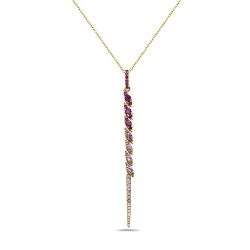 14K MOVABLE DRAGON TAIL 60 MM LONG PENDANT.  WITH  8 DIAMONDS 0.03CT & 34 PINK SAPPHIRES 0.73CT ON 18 INCHES CABLE CHAIN