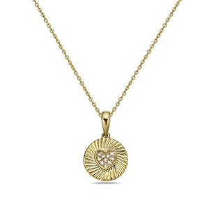 14K ROUND PENDANT WITH HEART CENTER IN 10 DIAMONDS 0.04CT ON 18 INCHES CHAIN