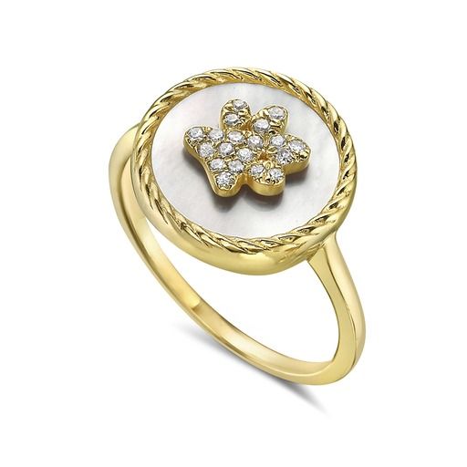 14K DOG PAW DISK RING WITH 19 DIAMONDS 0.09CT & MOTHER OF PEARLS, 13MM