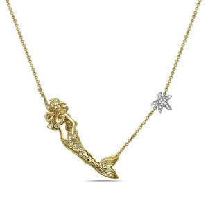 14k Mermaid Suspended On 18 Inch Cable Chain ,With A Baby Diamond Studded Starfish, 20 diamonds 0.09CT