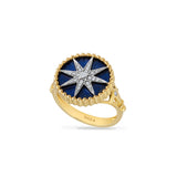 14K ROUND LAPIS COMPASS ROSE RING WITH 2 ANCHORS ON EACH SIDE OF THE SHANK