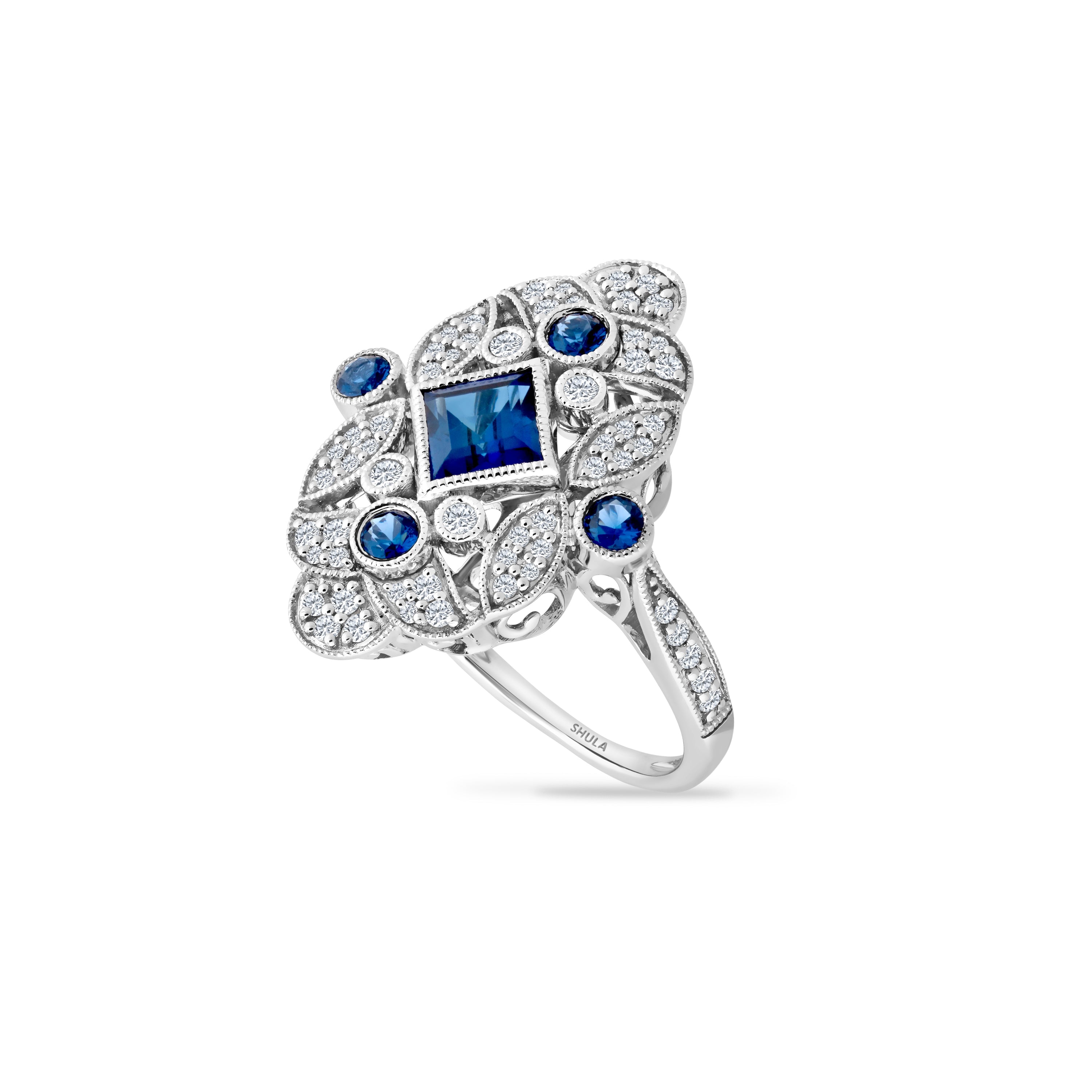 14K RING WITH SQUARE SAPPHIRE 1.02CT, BLUE SAPPHIRES 0.28CT & DIAMONDS 0.38CT