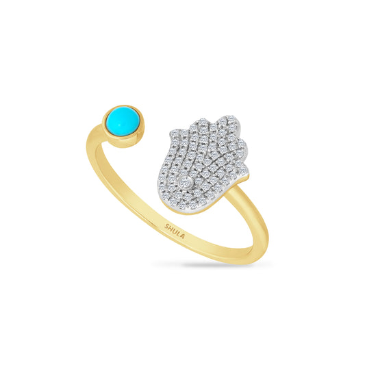 14K HAMSA OPEN RING WITH 66 DIAMONDS 0.12CT AND ROUND CABOCHON TURQUOISE