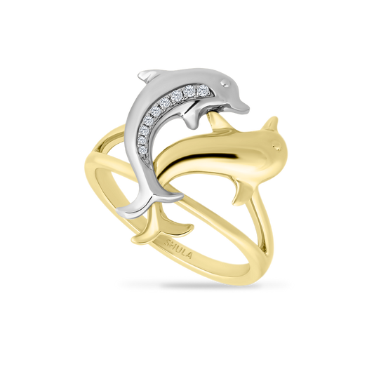 14K TWO TONE DOLPHIN RING WITH 9 DIAMONDS, 0.05CT, 15MM WIDTH & 18MM HEIGHT