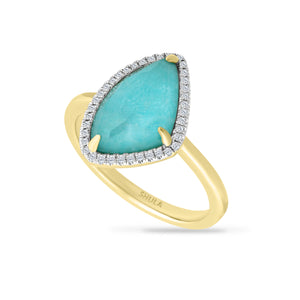 14K FANCY SHAPED DOUBLET RING SET WITH 1 AMAZONITE AND 1 CRYSTAL, WITH 38 DIAMONDS 0.14CT