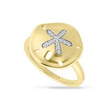 14K SAND DOLLAR RING WITH 16 DIAMONDS 0.09CT, 15MM WIDE