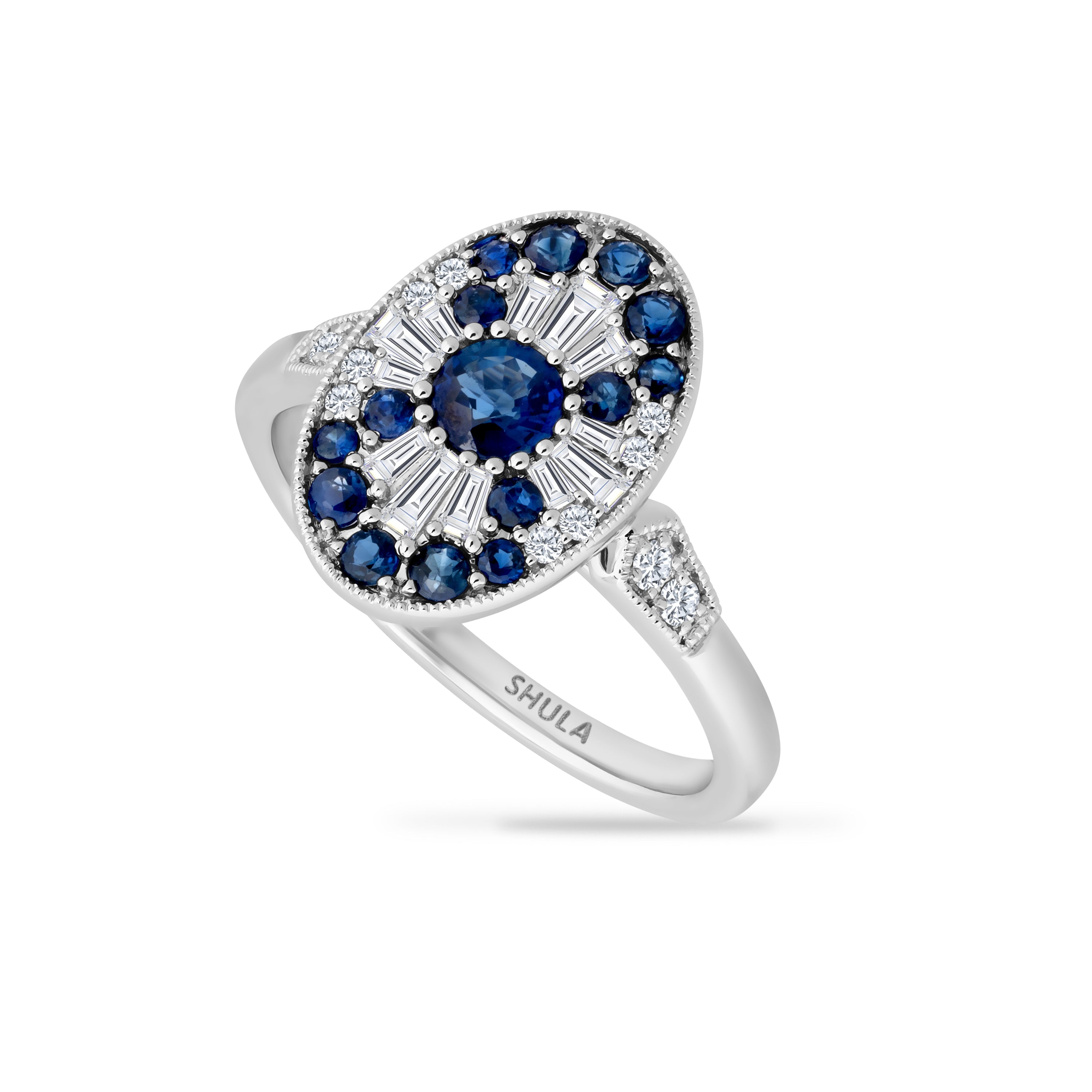 14K RING WITH 12 ROUND DIAMONDS 0.09CT, 12 BAGUETTE DIAMONDS 0.16CT & 15 BLUE SAPPHIRES 0.78CT