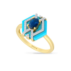 14K RING WITH HEXAGON SHAPED RECON TURQUOISE, 40 DIAMONDS 0.13CT AND 1 SAPPHIRE 0.60CT