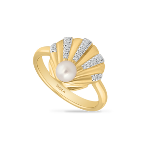 14K SHELL RING WITH 23 DIAMONDS 0.085CT & PEARL