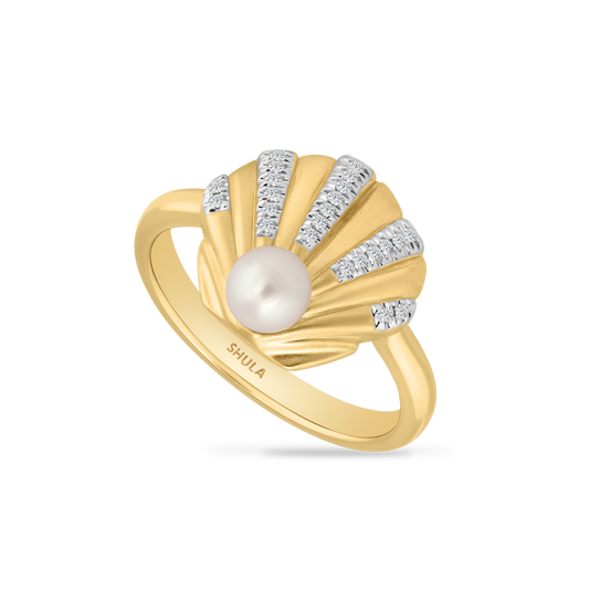 14K SHELL RING WITH 23 DIAMONDS 0.085CT & PEARL