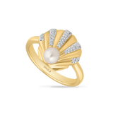 14K SHELL RING WITH 23 DIAMONDS 0.085CT & PEARL