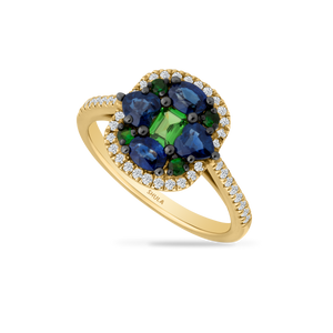 14K EMERALD SHAPED MULTI COLORED RING SET BLUE SAPPHIRES, DIAMONDS AND GARNETS