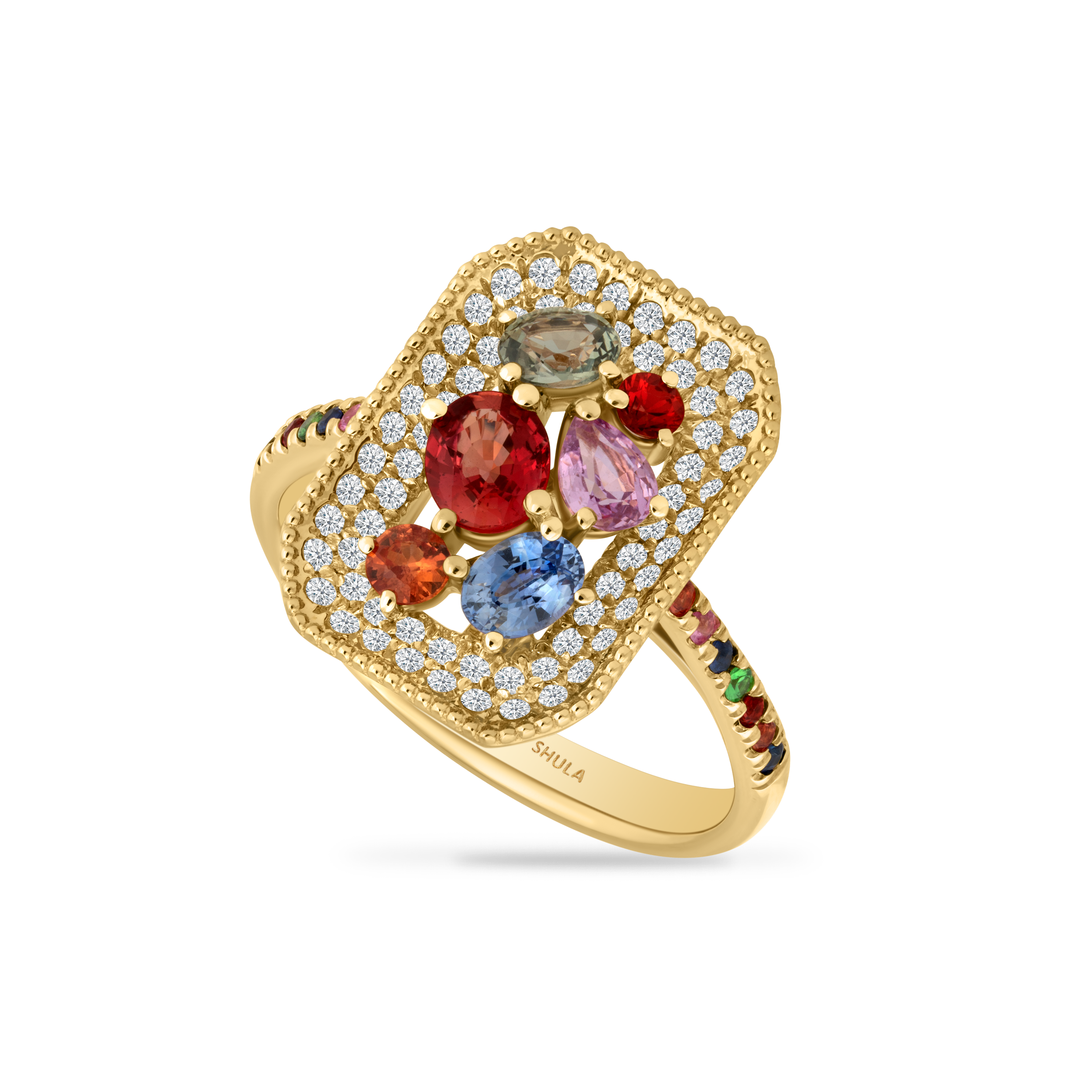 14K RING WITH 64 DIAMONDS 0.28CT, 18 FANCY COLOR SAPPHIRES 1.22CT & 2 GREEN GARNETS 0.04CT