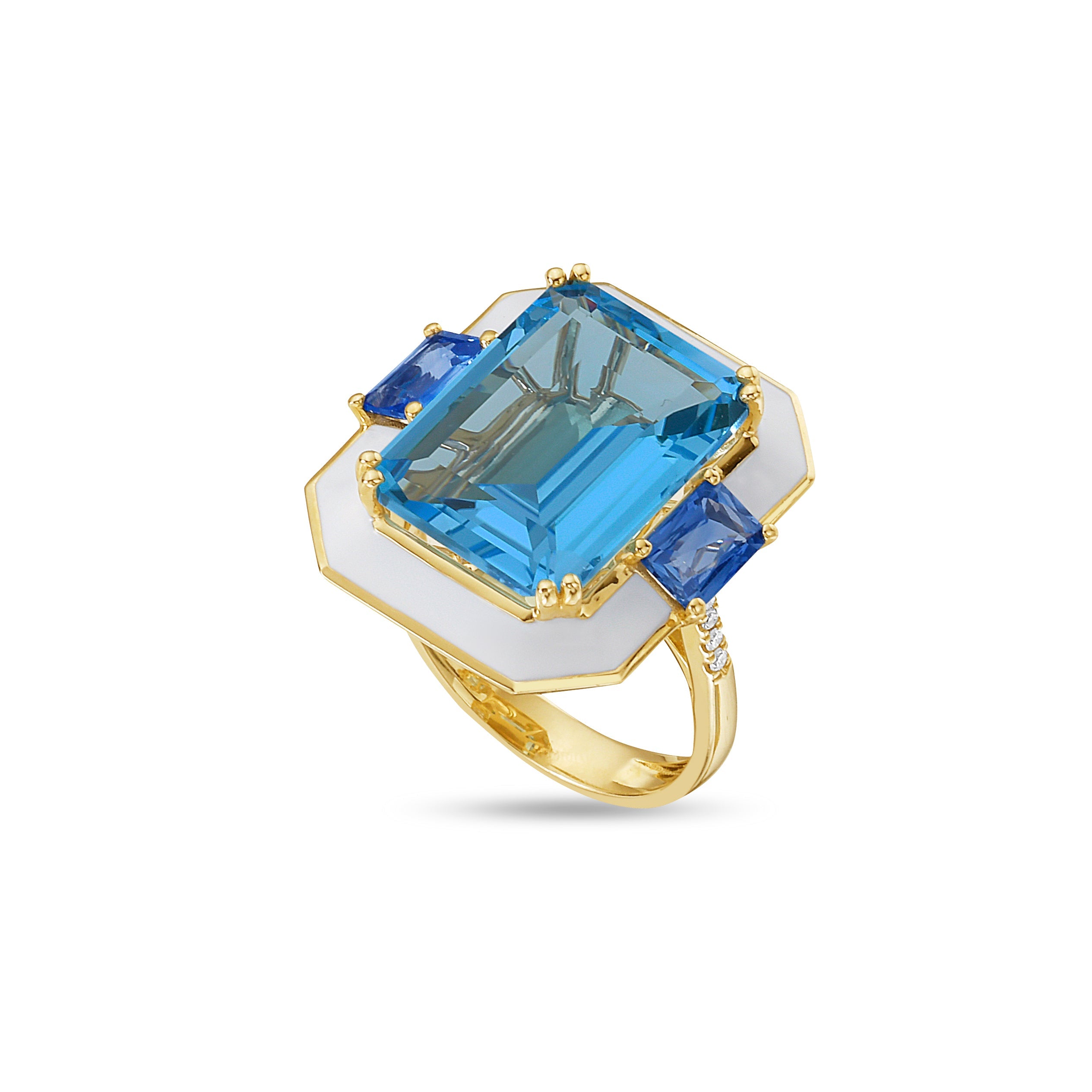 14K RING WITH 10 DIAMONDS 0.06CT, 2 STONES 1.24CT AND 1 BLUE TOPAZ  12CT