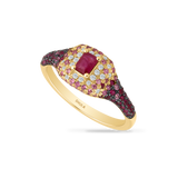 14K RING WITH 22 DIAMONDS 0.11CT, 46 RED RUBIES 0.29CT, 48 PINK SAPPHIRES 0.28CT AND 1 CENTER RUBY EMERALD 0.33CT RING