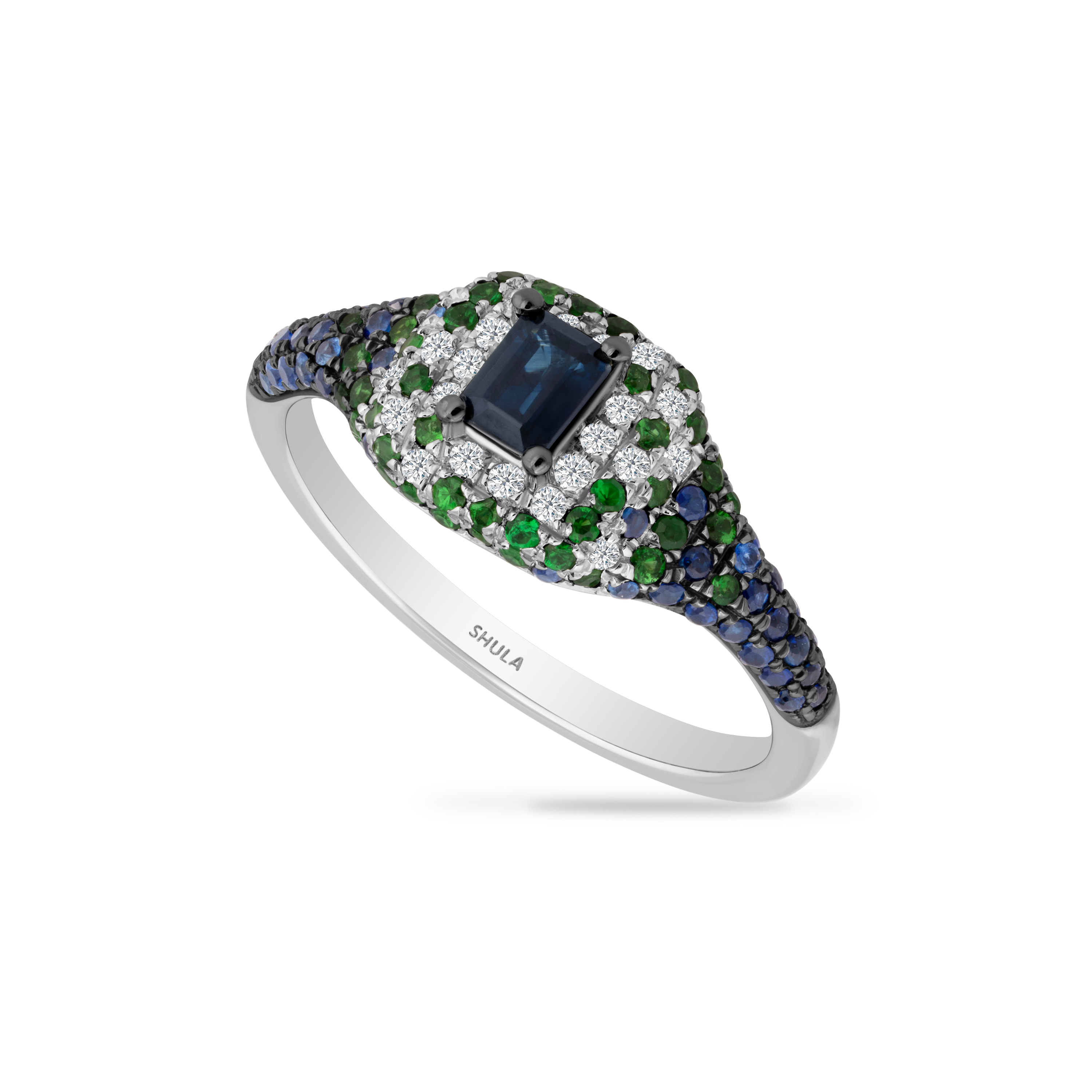 14K RING WITH 22 DIAMONDS 0.11CT, 46 ROUND SAPPHIRES 0.27CT, 1 SQUARE EMERALD 0.31CT AND 48 GREEN GARNETS 0.29CT