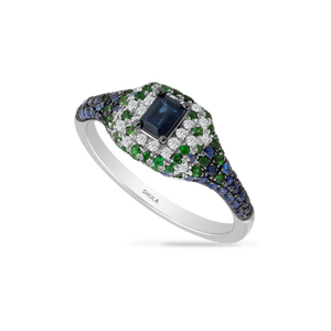 14K RING WITH 22 DIAMONDS 0.11CT, 46 ROUND SAPPHIRES 0.27CT, 1 SQUARE EMERALD 0.31CT AND 48 GREEN GARNETS 0.29CT