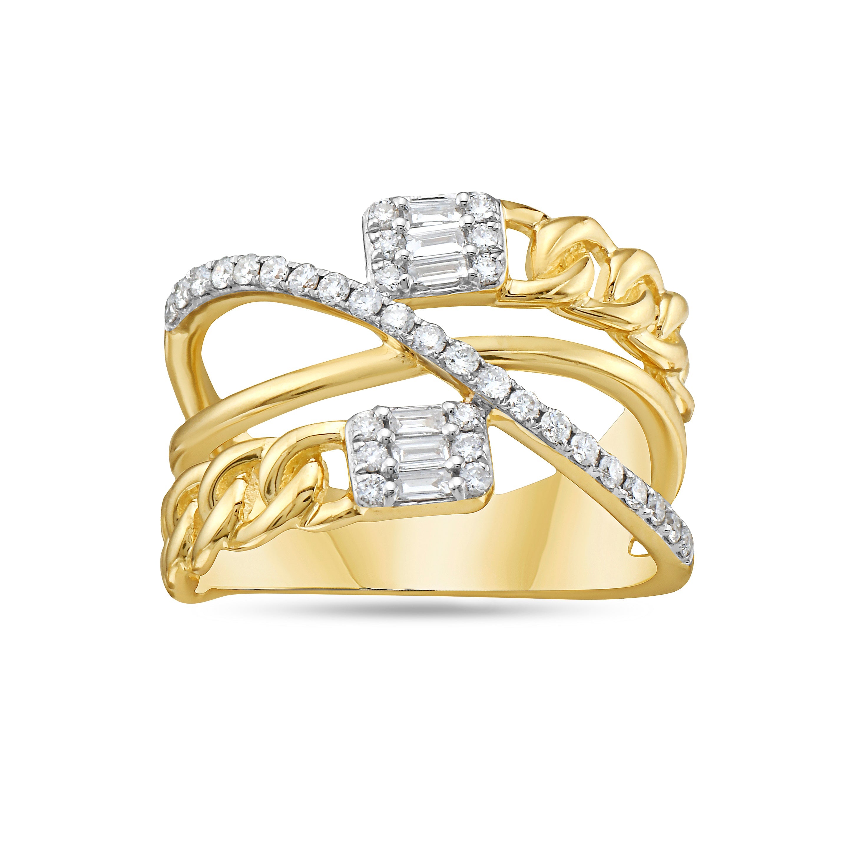 14K CHAIN LINK DESIGN RING WITH 6 BAGUETTE DIAMONDS 0.10CT & 33 ROUND DIAMONDS 0.28CT