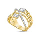 14K CHAIN LINK DESIGN RING WITH 6 BAGUETTE DIAMONDS 0.10CT & 33 ROUND DIAMONDS 0.28CT