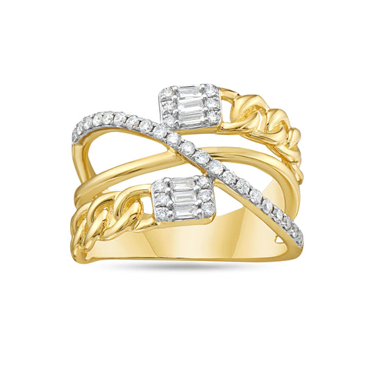 14K CHAIN LINK DESIGN RING WITH 6 BAGUETTE DIAMONDS 0.10CT & 33 ROUND DIAMONDS 0.28CT