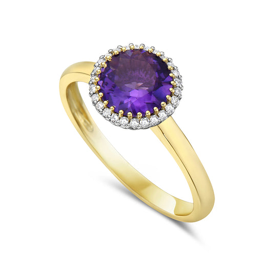 14KY RING WITH 26 DIAMONDS 0.09CT & 7MM ROUND AMETHYST  1.05CT