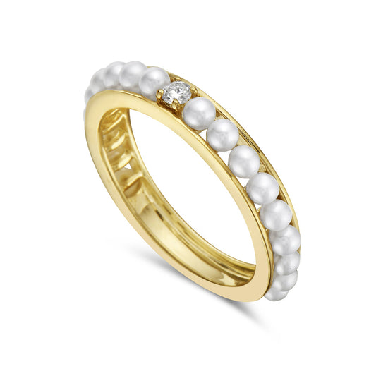 14K CIRCLE RING WITH CULTURED PEARLS AND DIAMOND