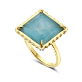 14K SQUARE DOUBLET RING SET IN 1 AMAZONITE BOTTOM AND 1 CLEAR QUARTZ TOP WITH 8 DIAMONDS 0.030CT