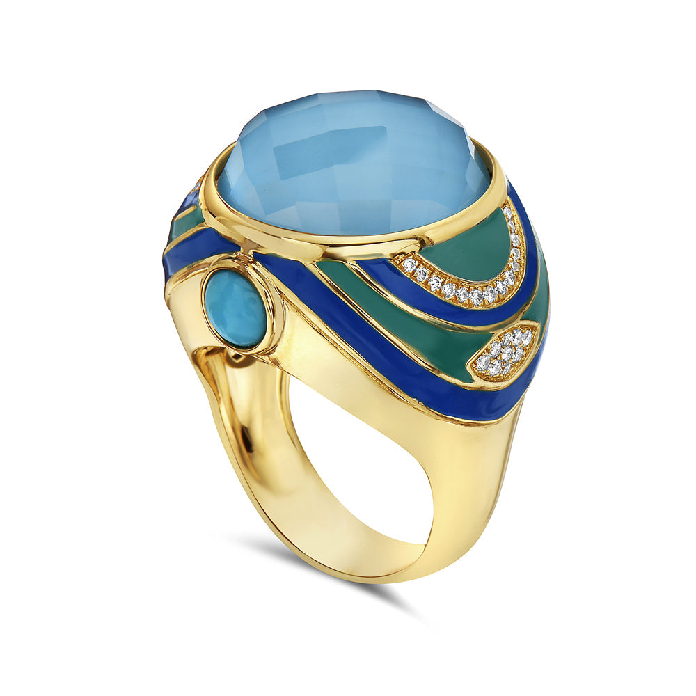 14K RING WITH 2 RECON TURQUOISE 1.05CT & 1 WHITE TOPAZ 1.60CT, 46 BLUE DIAMONDS 0.17CT , BLUE AND GREEN ENAMEL