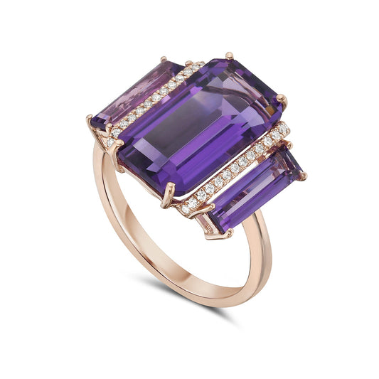 14K ROSE GOLD COCKTAIL RING WITH 28 DIAMONDS 0.19CT, 15X19 EMERALD CUT AMETHYST 5.49CT & 2 11X3 EMERALD CUT AMETHYST 1.33CT