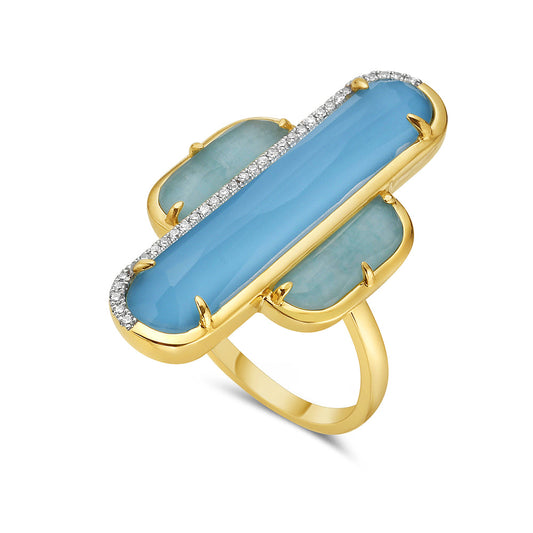 14K AMAZONITE DOUBLET RING WITH 33 DIAMONDS 0.11CT, 3 CRYSTALS, 2 AMAZONITE & 1 RECON TURQUOISE, 30X16