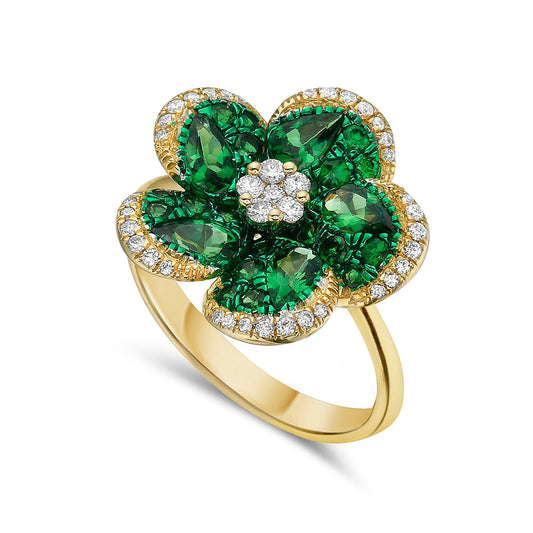 14K FLOWER DESIGN RING WITH 41 DIAMONDS 0.23CT & 25 GREEN GARNET 1.49CT, 17MM