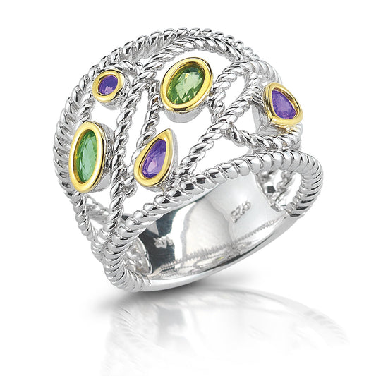STERLING SILVER  RING WITH GOLD BEZEELS SET WITH AMETHYST AND PERIDOT