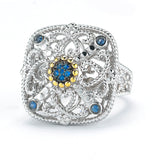 STERLING SILVER  SQUARE SHAPE RING WITH A CABLE DESIGN AND 14K ACCENTS SET WITH BLUE SAPPHIRES