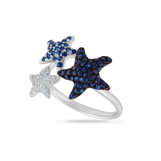 14KW TRIPLE STARFISH RING WITH 67 SAPPHIRES 0.67CT & 32 DIAMONDS 0.09CT