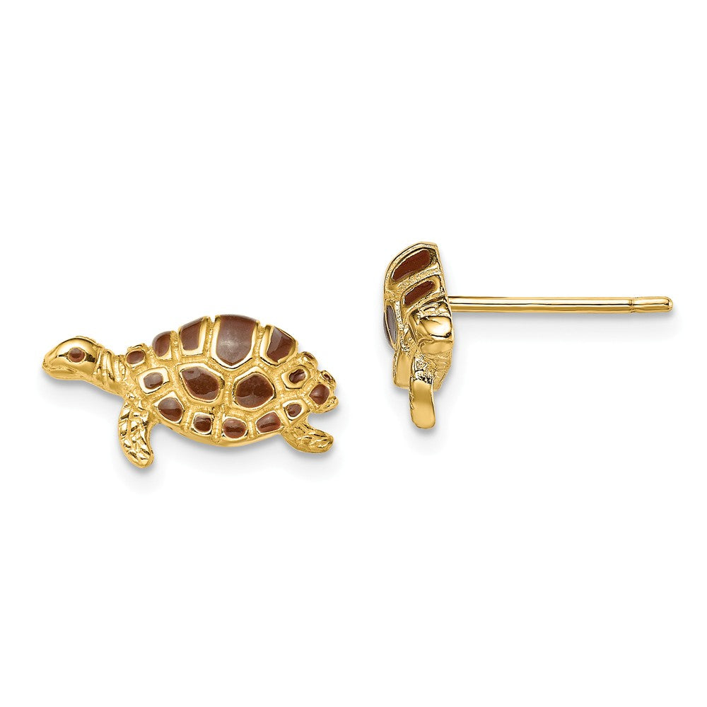 14K SWIMMING SEA TURTLE W/BROWN ENAMEL EARRINGS