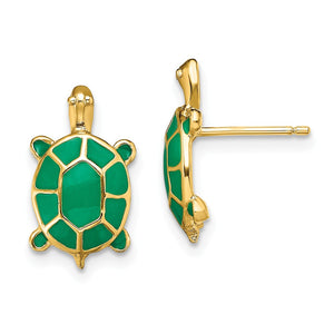 14K Land Turtle With Green Enamel Tortoise Earrings