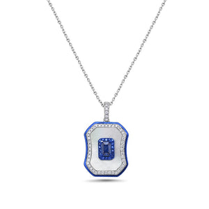14K OCTAGON SHAPED PENDANT WITH 50 DIAMONDS 0.31CT, 19 SAPPHIRES 0.84CT & MOTHER OF PEARL, 22X18MM ON 18 INCHES CABLE CHAIN