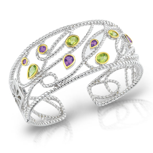 STERLING SILVER AND 14K CUFF WITH AMETHYST AND PERIDOT