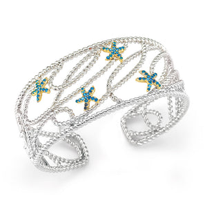 14K GOLD AND STERLING SILVER BLUE SAPPHIRE STARFISH CUFF WITH OUR SIGNATURE HINGE 1" WIDE ON TOP